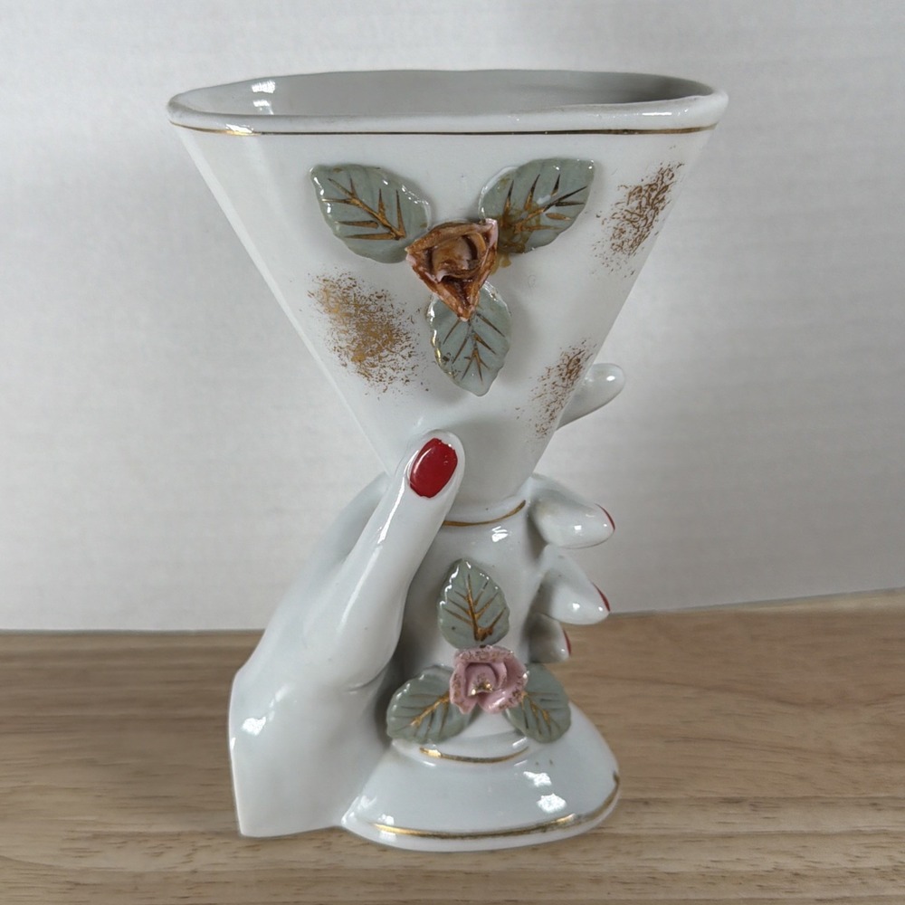 VTG Hand Holding Cone Vase 5.5" Tall Ceramic Floral Red Fingernail Polish